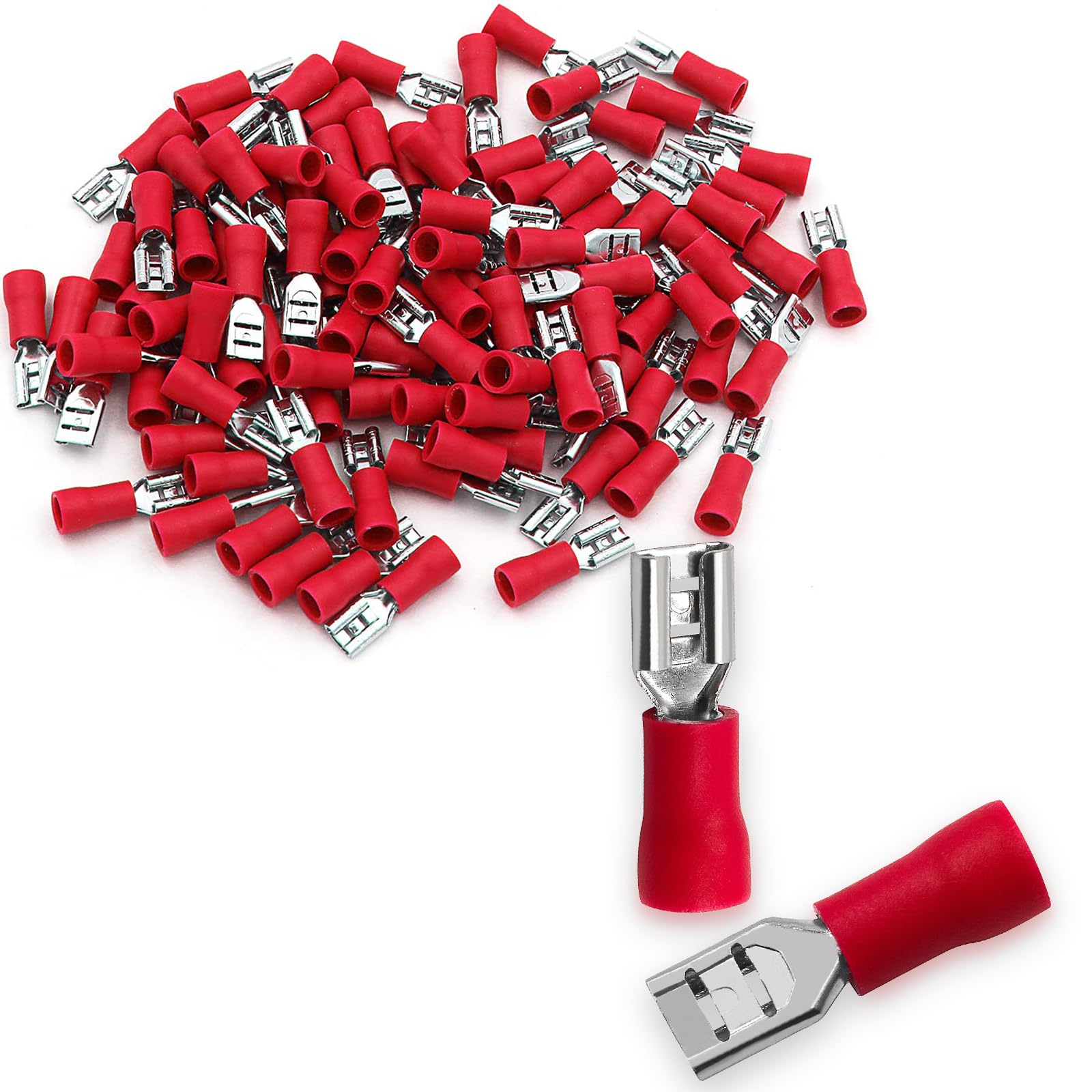 Photo 1 of Baomain 0.187" Female Quick Disconnect Spade Terminals,Insulated Crimp Connectors 22-16 AWG 4.8mm (3/16 inch),Red, (100-Pack)