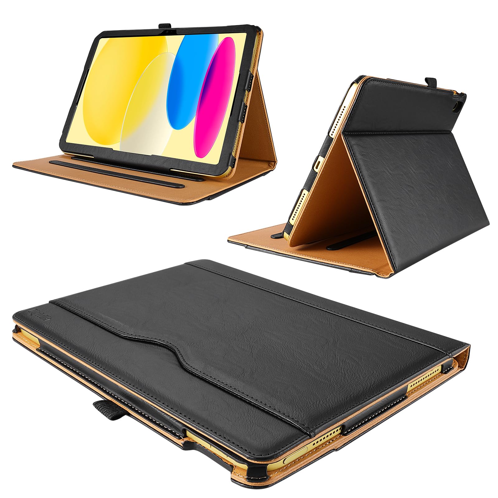 Leather Case For iPad A16 (11th Generation 2025) and For iPad10th Generation 2022 (iPad-10) Premium Black/Tan Leather, Magnetic Flip Stand Cover Support Touch ID & Auto Wake/Sleep