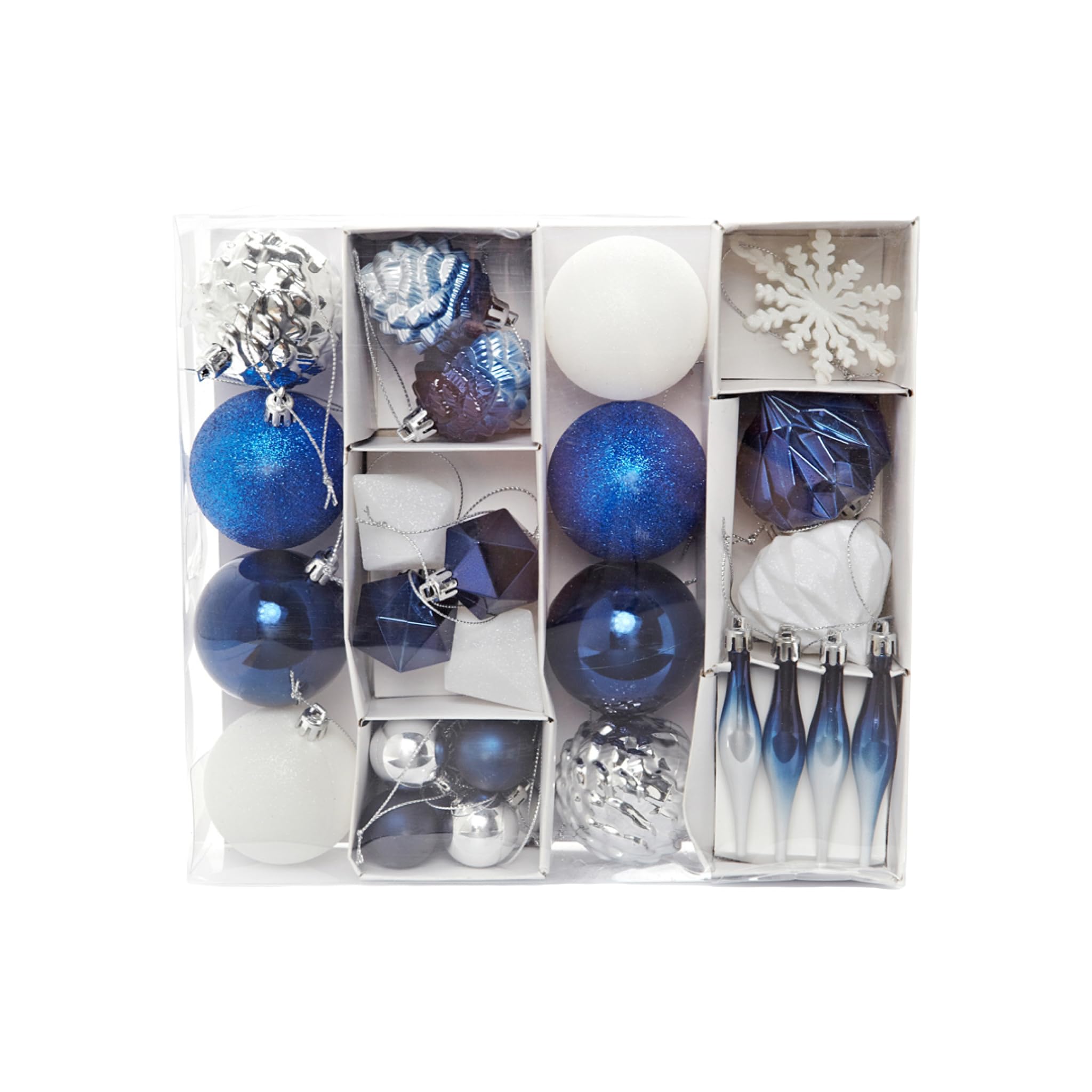 HEITMANN DECO Set of 29 Christmas Tree Baubles, Christmas Decorations Blue Silver White for Hanging, Plastic Christmas Tree Decoration