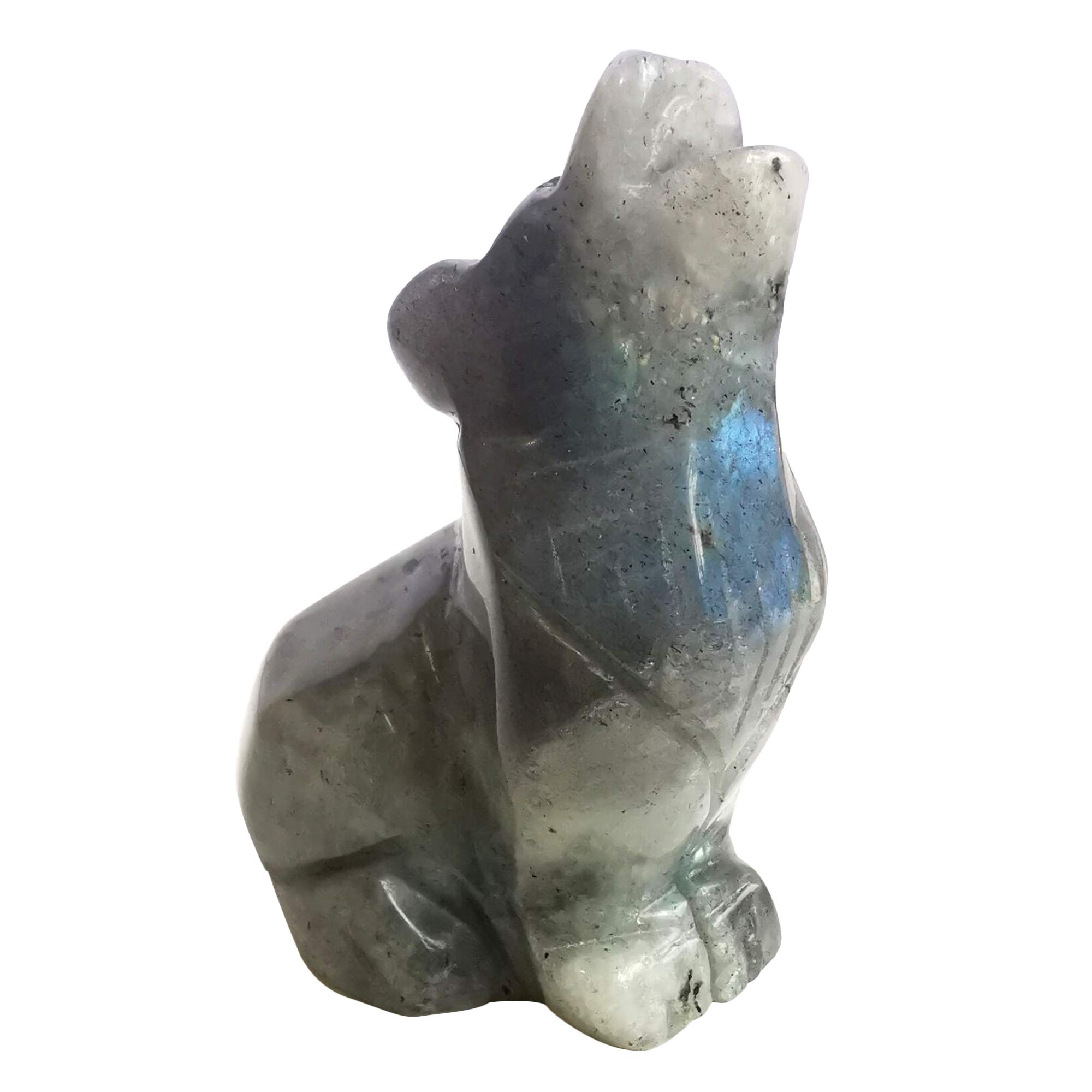 Lovionus89 Natural Moonstone Wolf Crystal Figure, Hand Carved Stone Guardian Animal Statues for Home Decor 6.3 cm