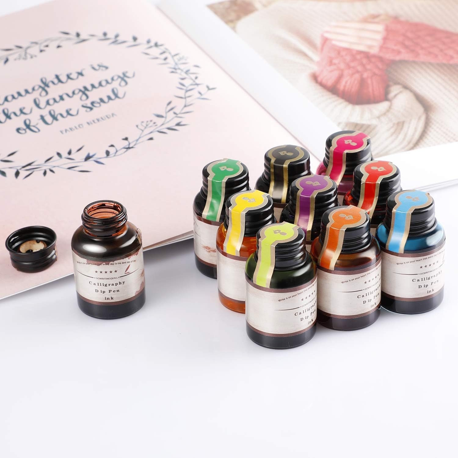 Calligraphy Pen Ink, 10 Colors Fountain Dip Pen Ink Set NonCarbon