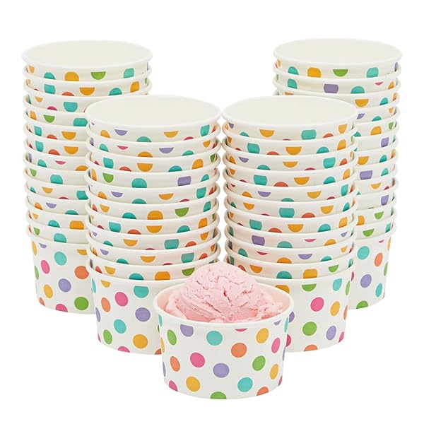BLUE PANDA PAPER ICE CREAM CUPS – 50 COUNT, RAINBOW POLKA – DISPOSABLE FOR SUNDAES & SNACKS – ICE CREAM BOWLS – PARTY SNACK CUPS