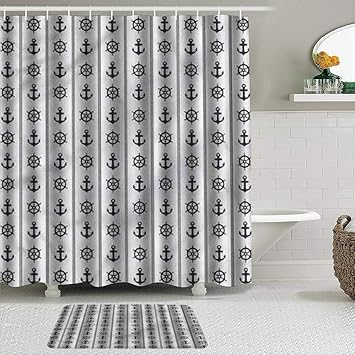 GugeABC Stoff Duschvorhang und Matten Set,Nautische Ankerhelm