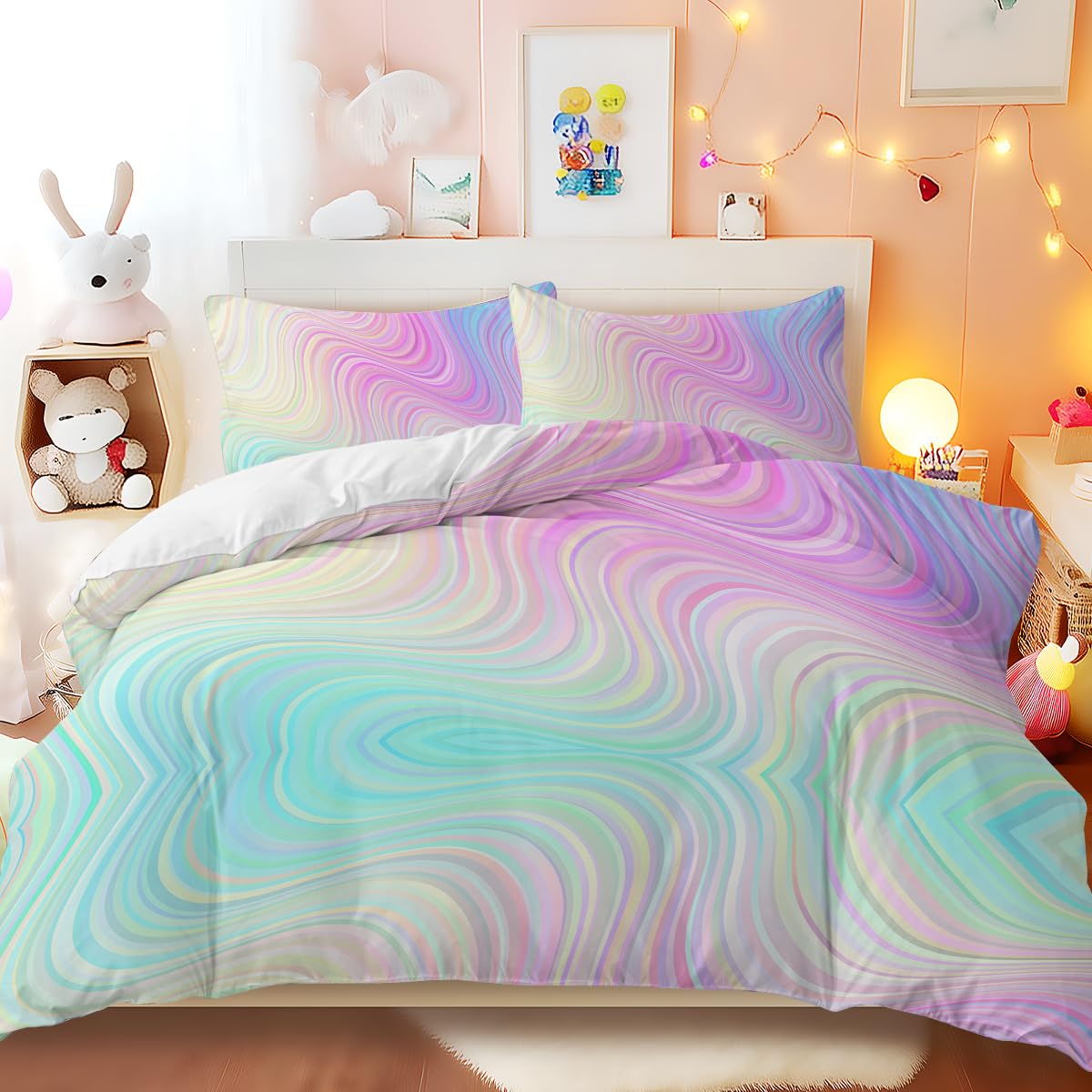 BlessLiving Rainbow Bedding King Size Modern Marble Duvet Cover Set 3D Abstract Quilt Cover Pastel Green Pink Bed Cover 3 Pieces Girl King-Size Bedding — image 1