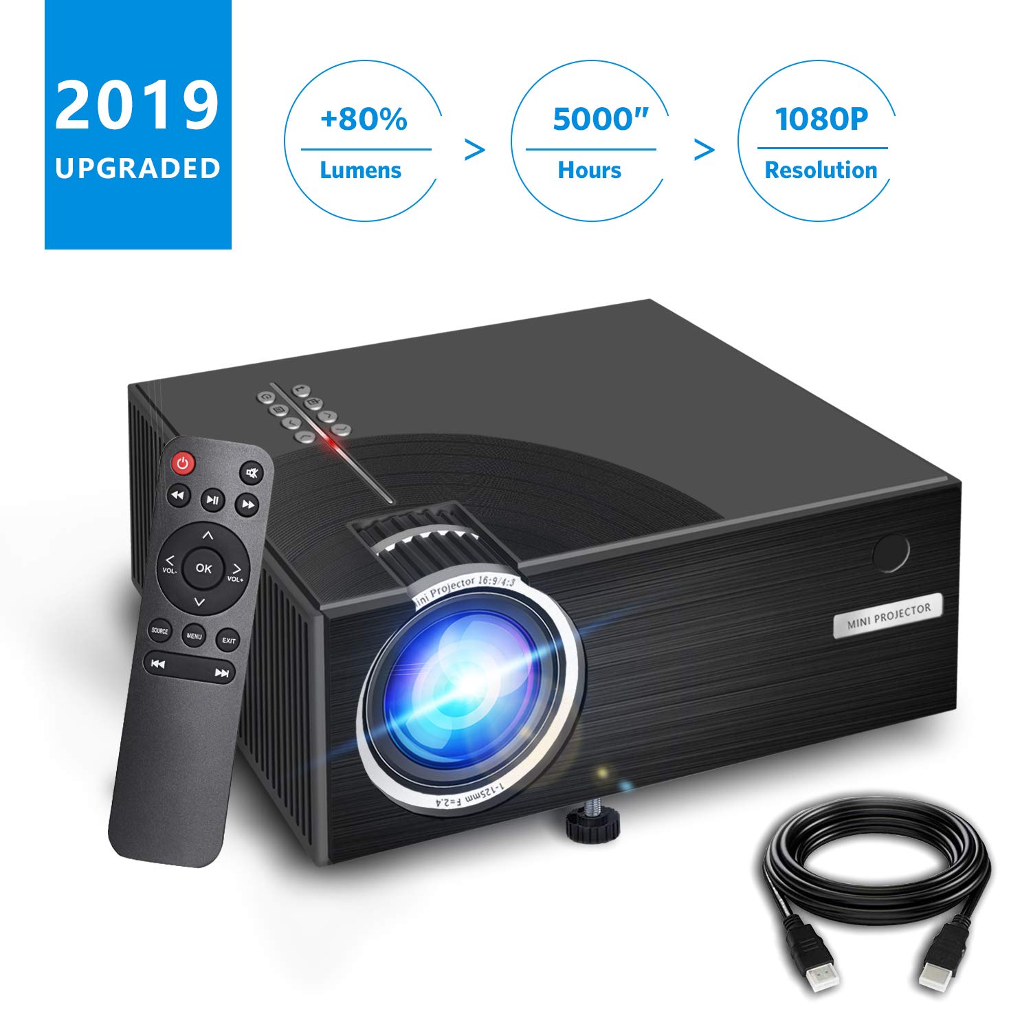 Portable LCD Video Projector - Aoxun 2018 Upgraded C7 Multimedia Home Theater Video Projector Support 1080P Compatiable with HDMI,AV, USB, SD, VGA for Home Cinema TV 2500 Lumens- Black