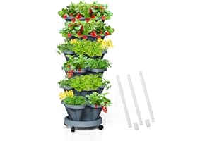 Tectsia Strawberry Vertical Planters Tower Garden, 6 Tiered Stacking Planter with Support Pole, Stackable Herb Vegetable Planters Indoor and Outdoor - Dark Grey