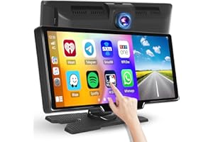 Hikity 10.26" Wireless Apple Carplay with Dash Cam, Portable Car Stereo Android Auto Screen, Airplay, Android Cast, WiFi Video, Navigation, Bluetooth, FM, Siri Voice Control, 64G TF Car, Dash Mount