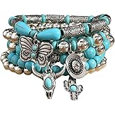 JHJEWH Western Bracelets for Women,Cowgirl Turquoise Beaded Stretch Bracelets,Stackable Bull Head Cowboy Bracelets Set,Western Cowgirl Jewelry Accessories for Women