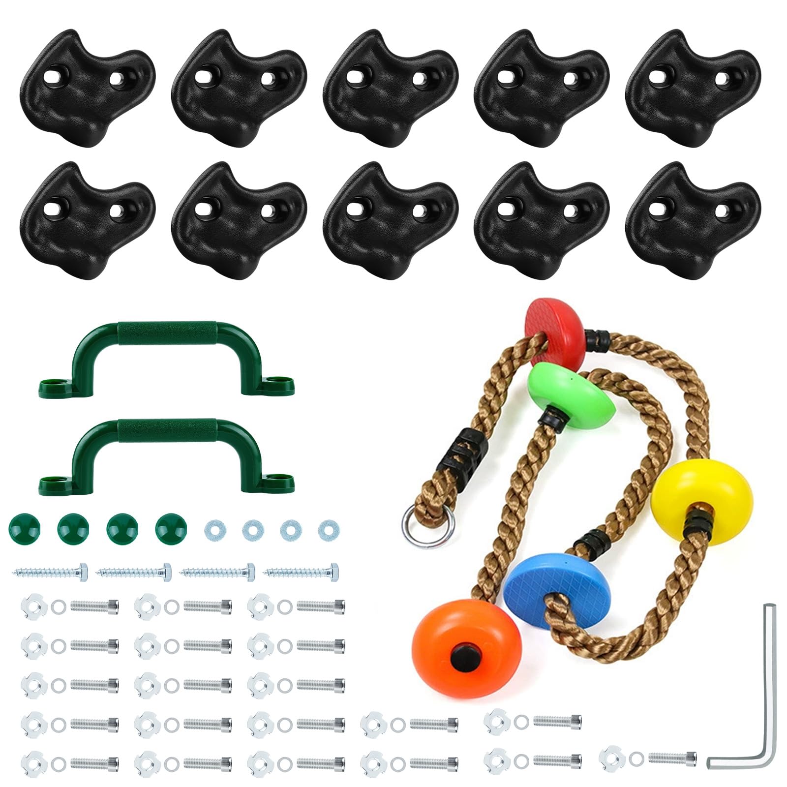 Photo 1 of 10PCS Black Rock Climbing Holds Set, Extra Large Rock Climbing Wall for Kids with 2M Climbing Rope and 2 Handles, Climbing Rock Wall Grips for Indoor Outdoor Playground, Installed on Wooden Board