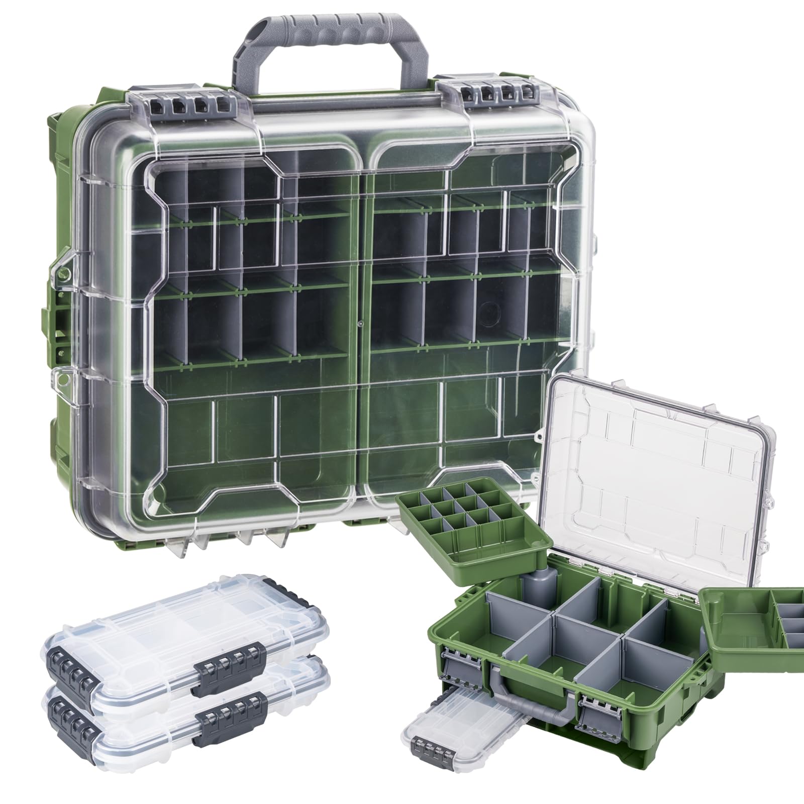 Photo 1 of THKFISH Waterproof Tackle Box, Portable Fishing & Tackle Storage Box with Two 3500 Stowaway Boxes and Removable Dividers, Premium Tackle Box, Thicker Floating Airtight Stowaway,Pink/Green/Blue/Grey