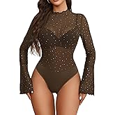 Avidlove Women Long Sleeve Bodysuit Rhinestone Bodysuit Mesh Bodysuit Tops Sexy Party Outfits
