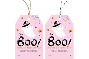 Alynta Halloween Tags with String - 50Pcs Happy Halloween Paper Gift Tags Boo Tag Pumpkin Ghost Name Tag Labels for Goodie Bags Gift Wrapping Halloween Decorations (Pink)