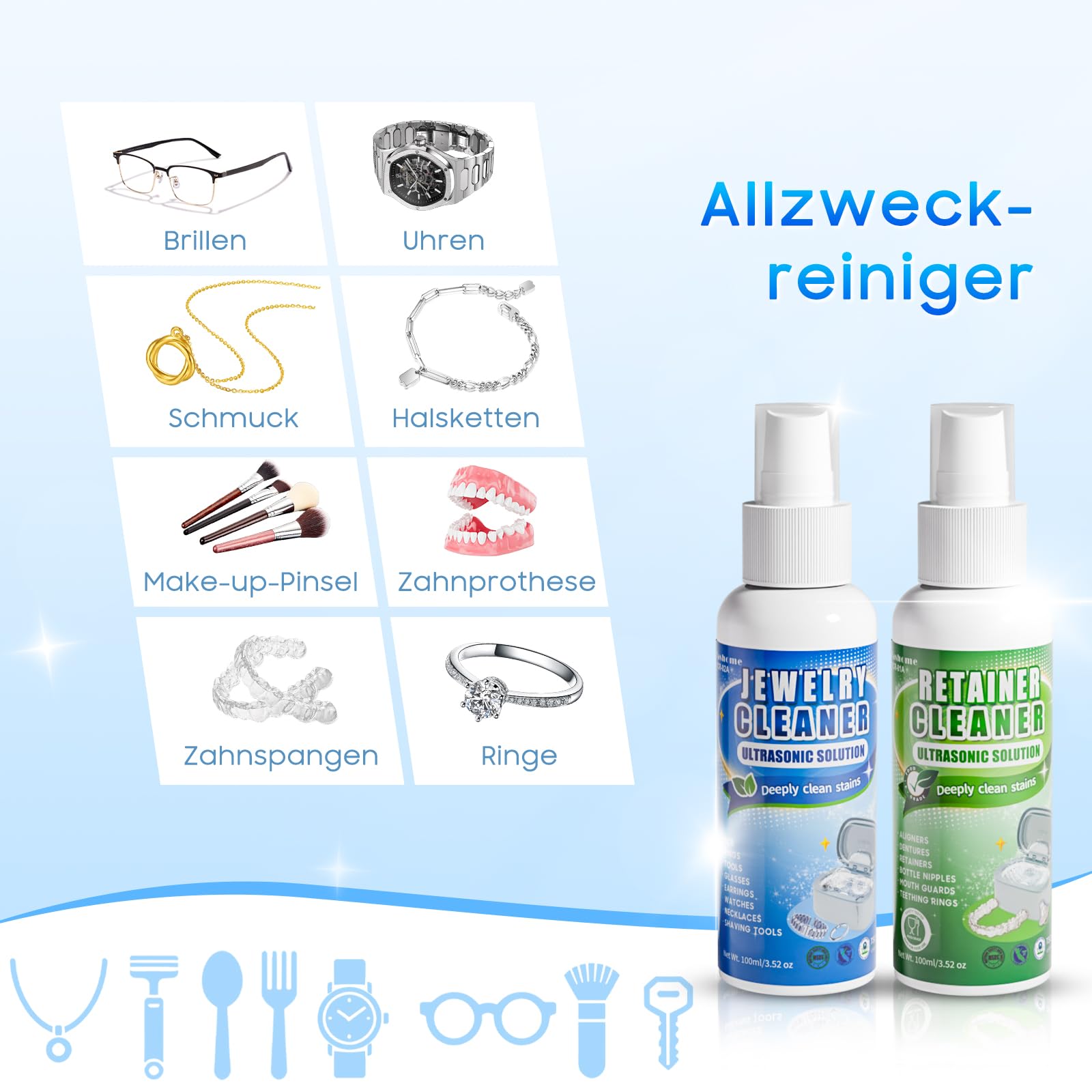 Fashome Ultraschallreiniger mit 2×100 ml Reinigungsflüssigkeit, 45 kHz 3 Modi, 550 ml Edelstahltank, für Schmuck, Brillen, Uhren & Zahnersatz, Reinigungskorb & Uhrenhalterung – mit Geschenkbox 7