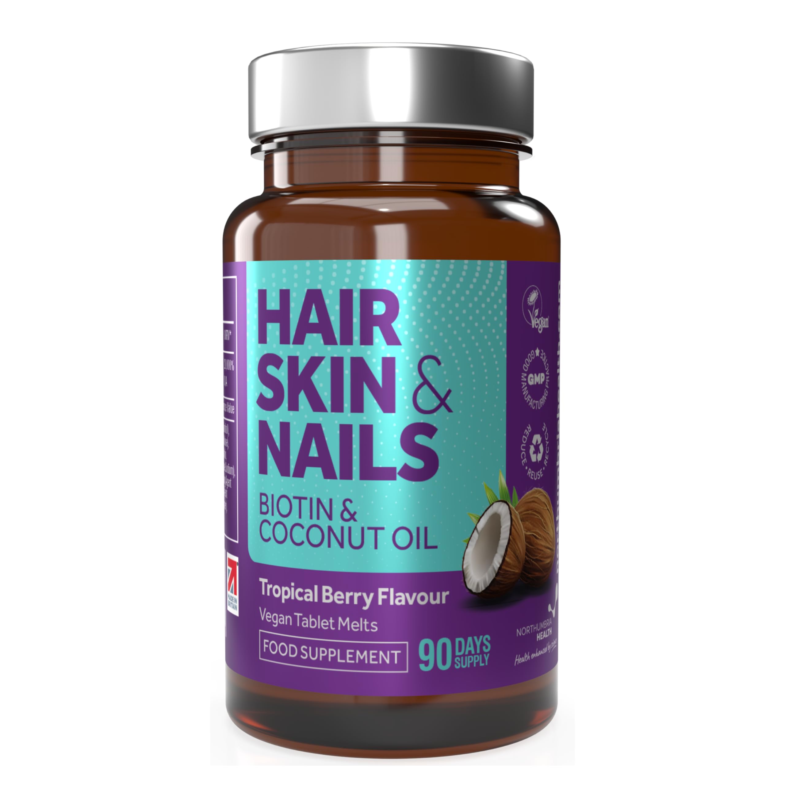 Northumbria Health Biotin 10,000µg Hair, Skin & Nails Supplement – Vegan Biotin & Coconut Oil Melts – 90 Day Supply – Berry Flavour – Supports Hair Growth – for Men & Women