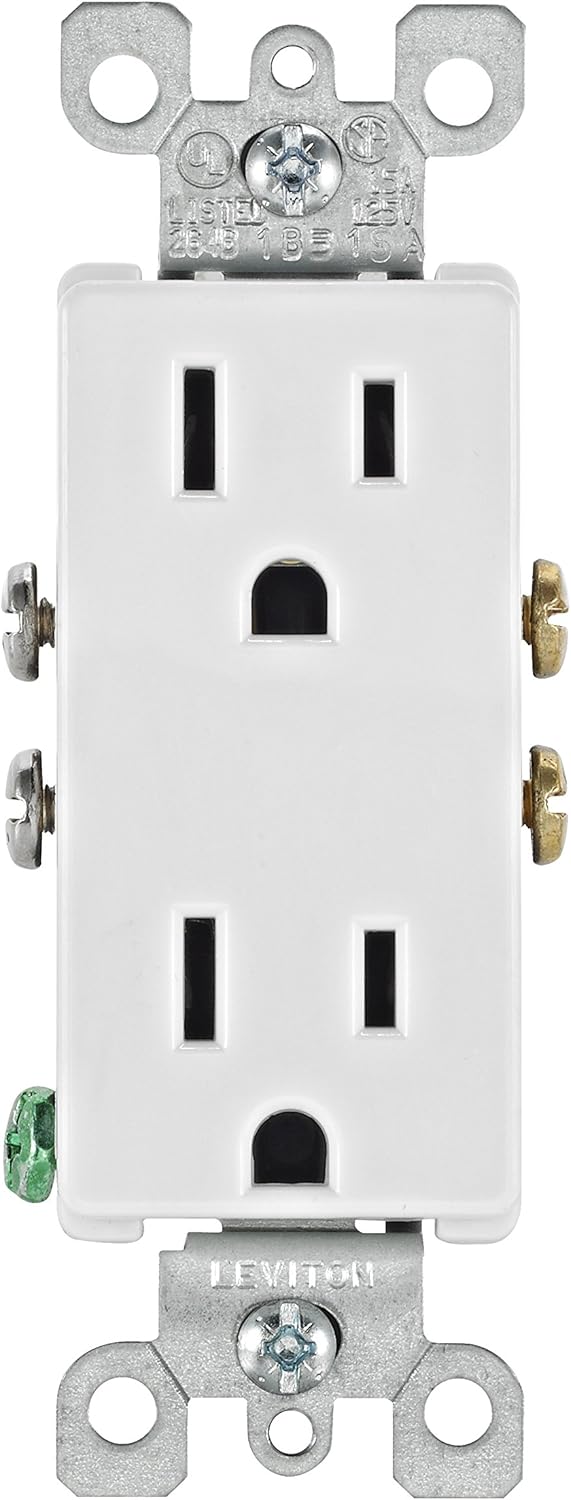 Leviton 5325-WMP 15 Amp, 125 Volt, Decora Duplex Receptacle, Residential Grade, Grounding, 10-Pack, White - Electrical Outlets - 