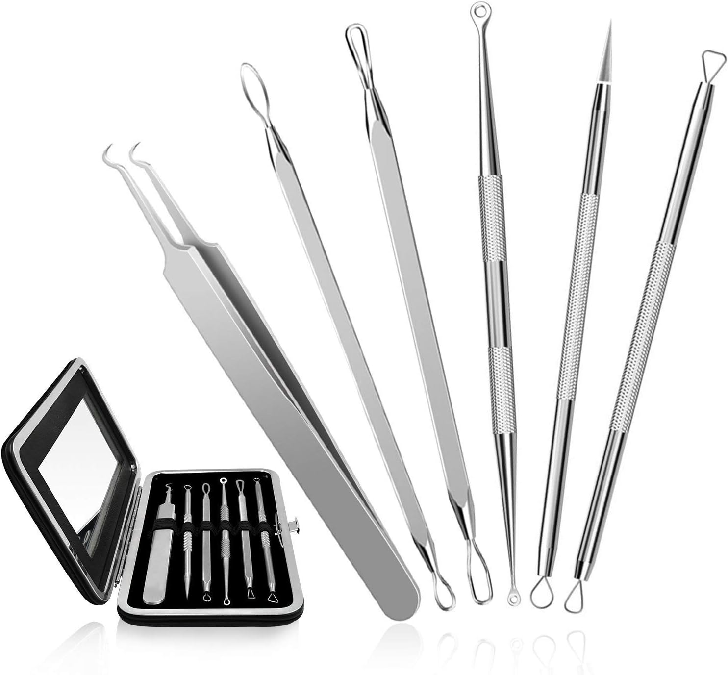 CHIMOCEE Professional Surgical Blackhead Remover Tools, Blemish and Splinter Acne Pimple Removal Kit, Come Done Extractor Tool for Whitehead, Pimples and Zit Popper Leather Case with Mirror, Pack of 6