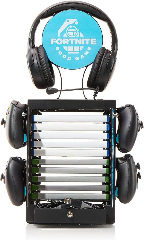 Gabinete oficial de jogos Fortnite Good Game e Suporte de Armazenamento – Capacidade para 10 jogos/DVD, 4 comandos, auscultadores e acessórios – Organizador de Jogos Compacto