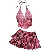 SHENHE Women's 2 Piece Mini Skirt Set Y2k Lace Halter Bustier Crop Top and Ruffle Skirt Vacation Outfits