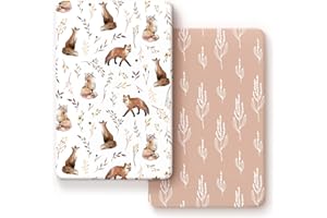 GRSSDER Stretchy Ultra Soft Jersey Knit Fitted Pack n Play Sheets Set 2 Pack, Fit Portable/Mini Crib, Playards Mattress Pads Safe and Snug, Pretty Fox for Baby Girls
