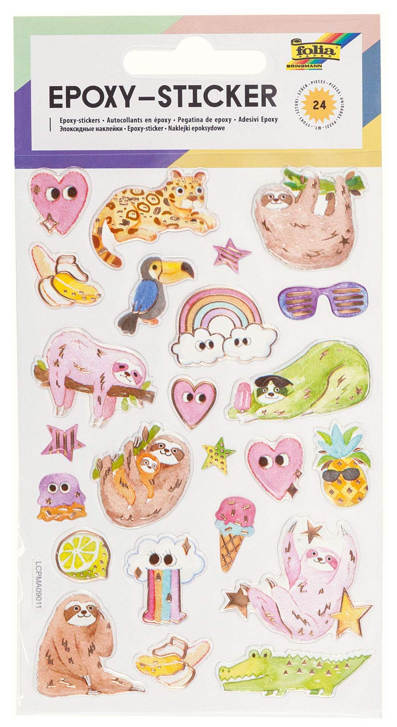 Epoxy - Stickers I with Sloth Motifs, 3 Dimensional Stickers, 24 Pieces, Ideal for embellishing Cards, Crafts and Scrapbooking
