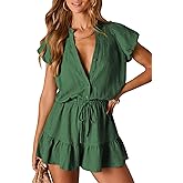 Fixmatti Summer Rompers for Women 2026 V Neck Short Sleeve Button Up Ruffle Jumpsuit Outfit with Pockets