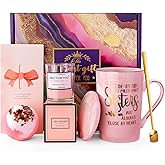 Sister Birthday Gifts from Sister Brother, 7pcs Relaxing Bath Set Valentines Day Basket with Funny Gold Print Mug, Scented Candle, Self Care Set, Idea for Sisters in Law, Soul Sisters, Nice Gift Boxed