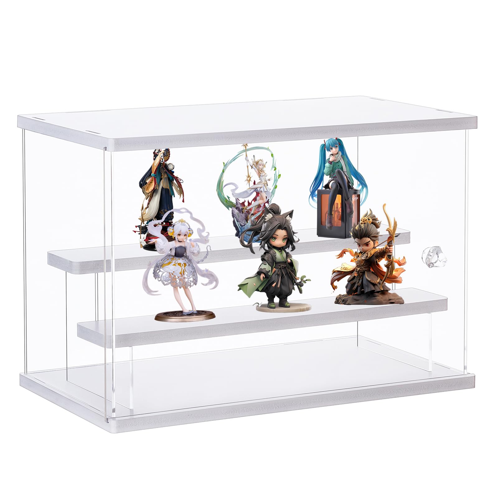 Dezzer Acrylic Display Case Clear Box, Assemble Countertop Two Layers Organizer Dustproof Protection Showcase for Action Figures Toys, Collectibles, Home Storage (White, 31.5x18x21.8 cm)