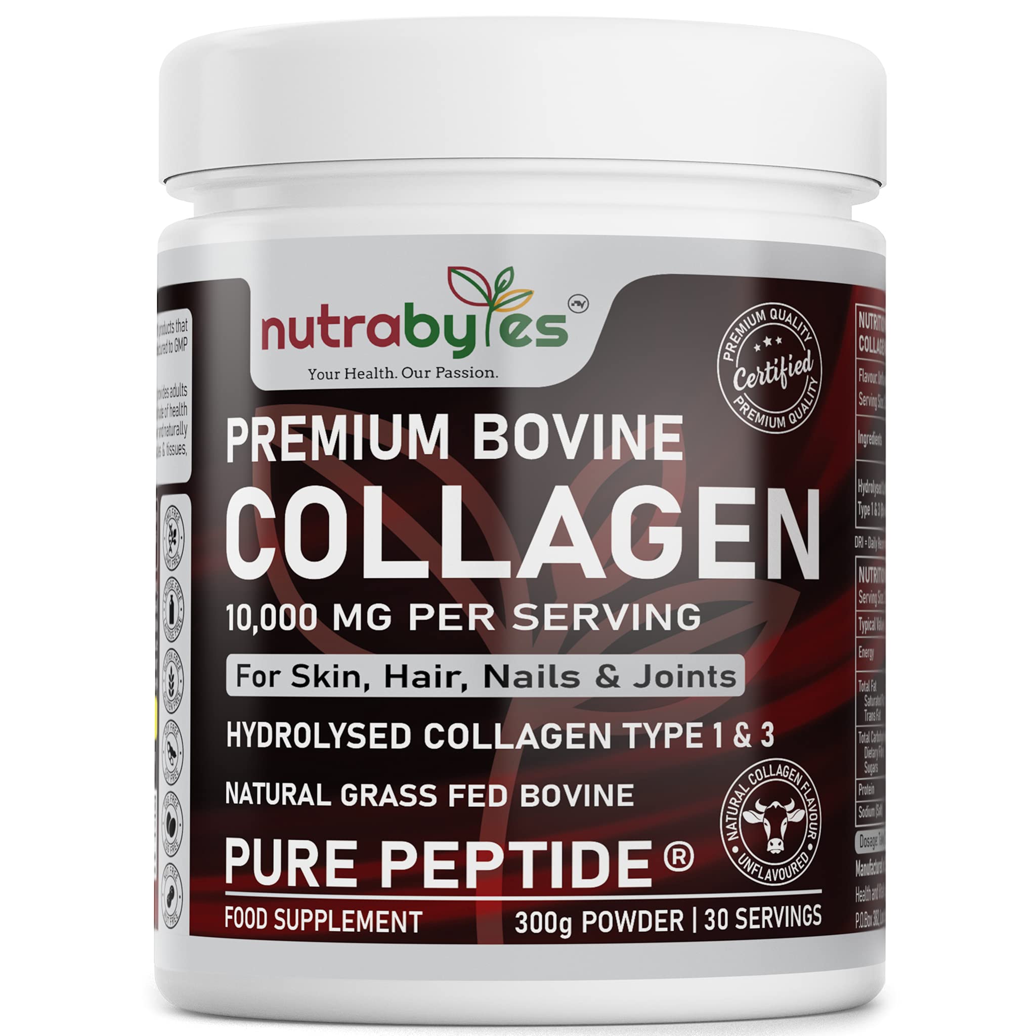 Bovine Collagen Powder 10000mg | Grass Fed Hydrolysed Collagen Peptides Type 1 & 3 | Unflavoured | Skin Hair Nails | 19 Amino Acids | Kosher Halal Certified | Women & Men | 30 Day Supply