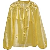 GORGLITTER Women's Boho Peasant Blouses Floral Embroidered Tops Summer Sheer Tie Front Flowy Long Sleeve Button Up Shirts