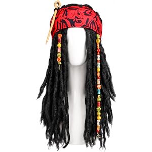 Pirate Wig Set for Men Women, Pirate Accessories with Bandana, Braid Beads | Black Captain Costume Wig for Party, Festival, H