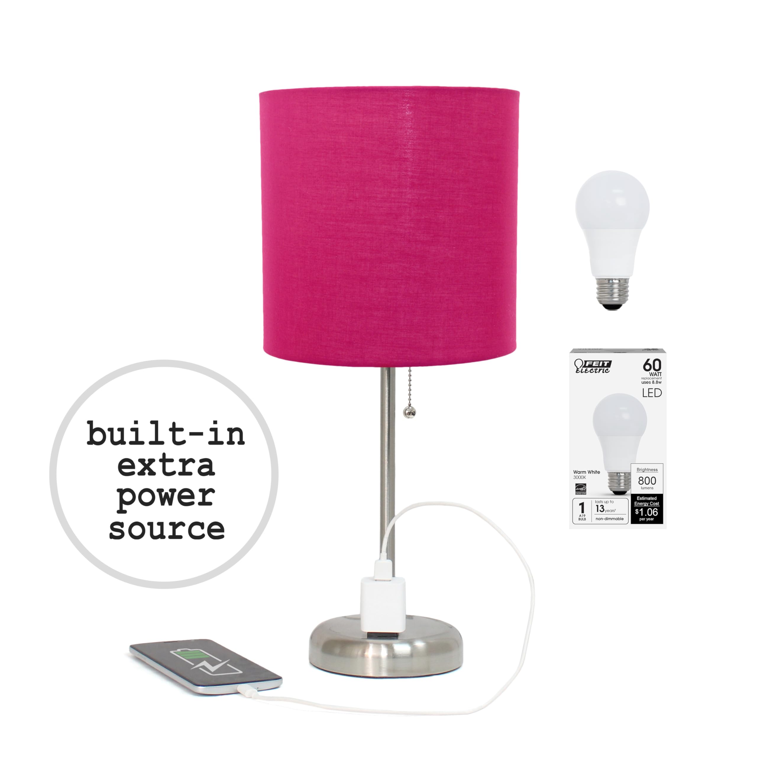 Simple Designs LT2024-PNK-LB 19.5" Brushed Steel Stick Table Desk Lamp with Charging Outlet and Drum Fabric Shade for Living Room, Hallway, Nightstand, Office, Pink Shade, with Feit LED Bulb Included Image