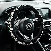 Embroidered Cute Daisy Black Steering Wheel Cover,Flower Steering Wheel Cover Protector for Women,Universal Fit Most Cars -15 inch