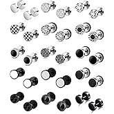Ofeiyaa 15 Pairs Fake Gauge Earrings Stainless Steel CZ Barbell Cartilage Stud Earrings Set Plug Earrings Faux Gauges Ear Tunnel for Men Women Black Silver Plated 8mm 10mm
