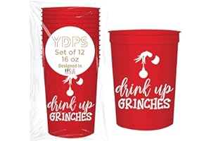 YOUR DREAM PARTY SHOP Christmas Cups – Drink Up Grinches - Set of 12 Reusable 16oz Stadium Plastic Cups Bulk– Christmas Decorations and Party Favors for Adults - Funny Cup for Adult Friendmas Party Decorations