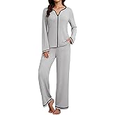 Blooming Jelly Womens 2 Piece Color Block Pajama Set Soft Fall V Neck Lounge Sets Wide Leg Pants Sleepwear Pockets