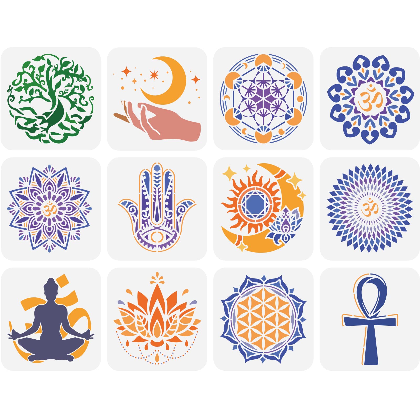 FINGERINSPIRE 12 Pcs Sacred Geometry Stencils 15x15cm Mandala Themed Stencil Plastic Yoga Lotus Flowers Tree of Life Hamsa Hand Sun Moon Pattern Stencil Reusable Stencils for Home Wall Floor Decor