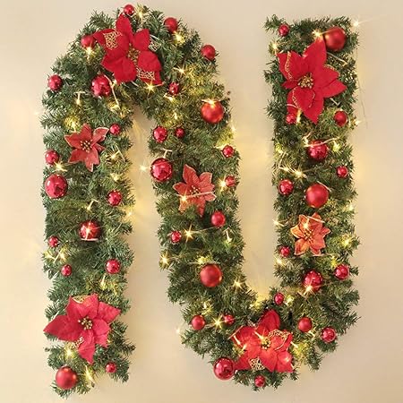 Esterno Finestra Decorazioni Natalizie.Ghirlanda Di Natale Led Verde Di 2 7m Di Corona Con Fiore Rosso Sfera Garland Per Interni All Esterno Porta Anteriore Finestra Home Decorazione Alberi Da Appendere Decorazioni Di Natale Amazon It Casa E Cucina