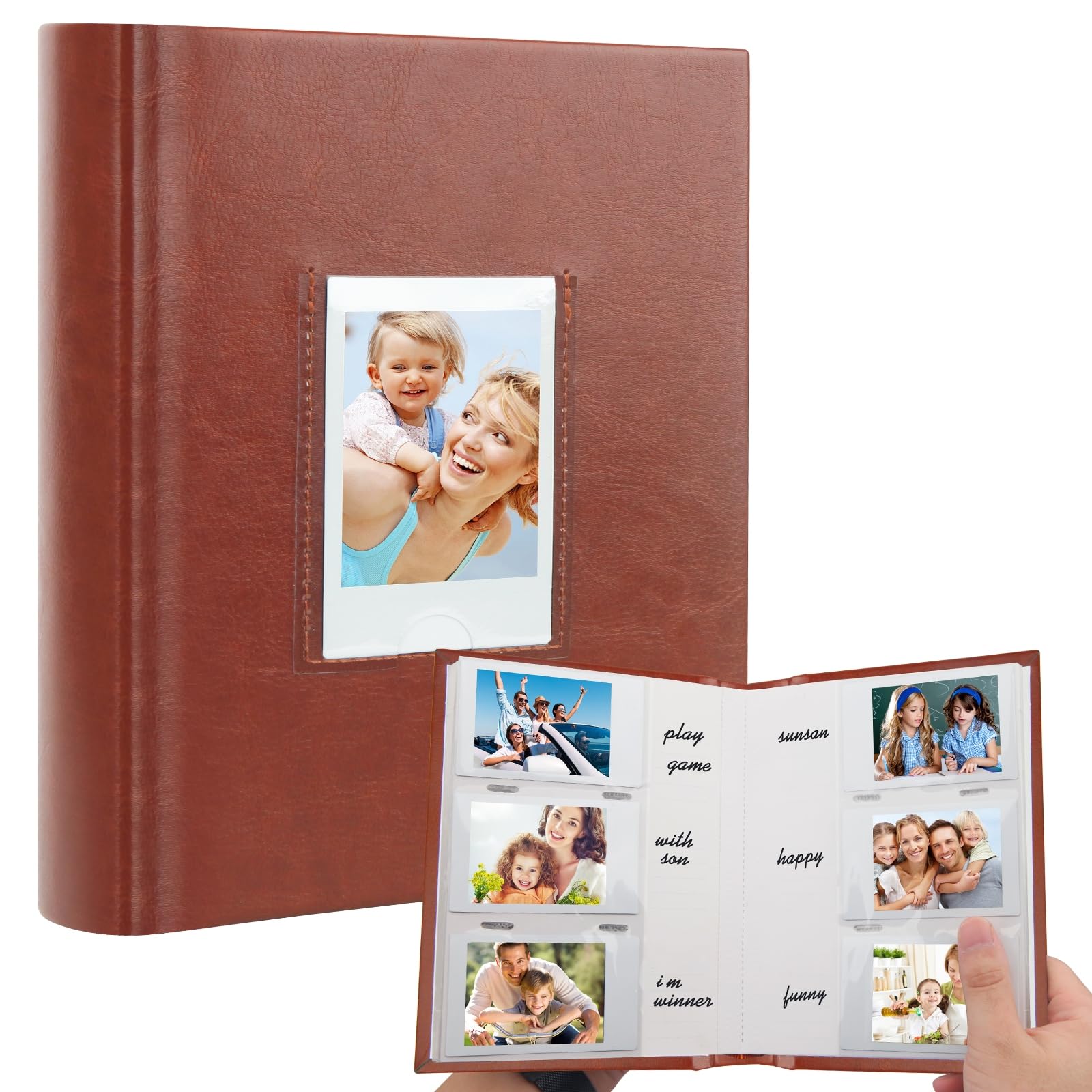 180 Pockets Photo Album for Fujifilm Instax Mini 12 11 9 8+ 8 7s 99 40 Evo Camera, Front Window, Photo Book with Writing Space for Polaroid 3 Inch Instant Film,K-pop Photocards (Brown)