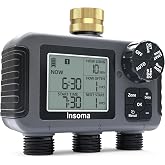 Insoma 3-Zone Sprinkler Timer with Brass Inlet + IPX5 Waterproof | Programmable Auto/Manual Irrigation Mode with Rain Delay &amp; Large LCD | Water Hose Timer 3 Outlets for Garden, Lawn, Yard, Pool