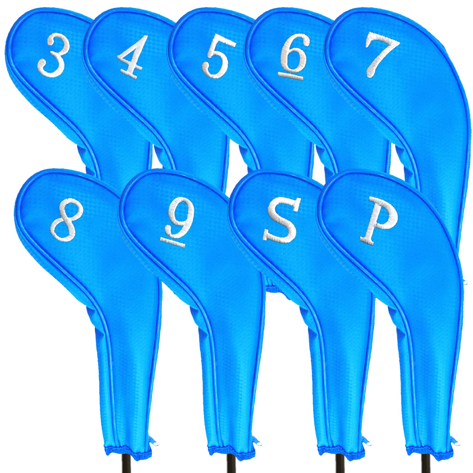 FINGER TEN Golf Iron Head covers Long Cover Number 3 4 5 6 7 8 9 P S, Deluxe Club Headcovers Zippered for Left Right Handed Golfer (Blue)