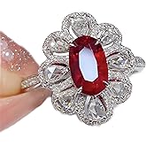 925 Sterling Silver Shiny Full Diamond Rings 18K Gold Red Gem Cocktail Rings Oval Cut Ruby Cubic Zirconia Rings CZ Diamond Halo Rings Eternity Engagement Wedding Band Rings for Women Z.93