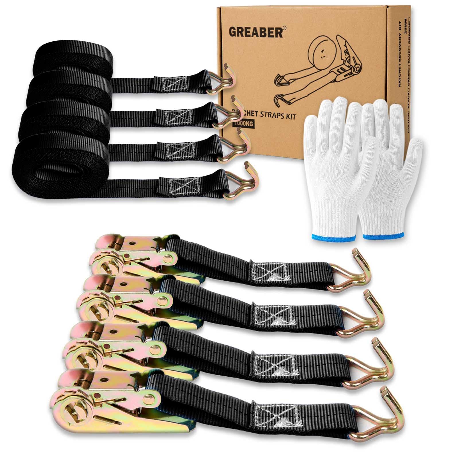 Ratchet Straps (4-Pack), with 1x Work Gloves, 1000kg Break Strength, 5m x 2.5cm Heavy Duty Tie Down Strap Set with Metal Hooks for Trucks,Moving,Motorcycles,Trailer,Cargo (Black)