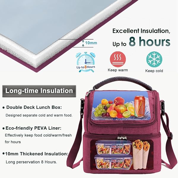 YUMINGUHC LUNCH BAG FOR WOMEN DOUBLE DECKER LEAKPROOF LUNCH BOX FOR MEN ADULT SMALL COOLER INSULATED LUNCHBOX THERMAL TOTE WORK TRAVEL PICNIC FOOD DRINK COOL BAG (TARO-PURPLE)