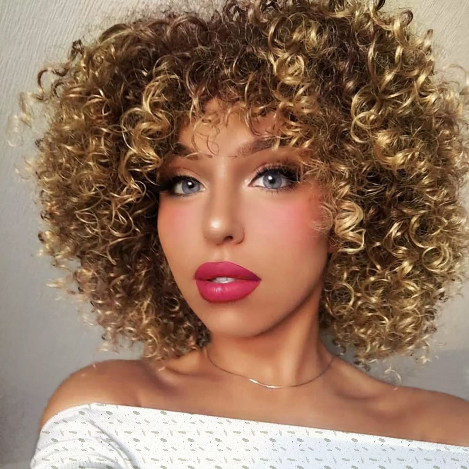 Photo 1 of Onpep Afro Curly Wigs for Black Women Short Shoulder Length Kinky Wig with Bangs Brown Mixed Blonde Heat Resistant Wigs