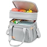 MAPLELILY Lunch Box for Men Women - Double Deck Insulated Lunch Bag, Large Leak Proof Tote Cooler, Wide Open Dual Compartment Lunch Bags with Shoulder Strap, For Work Picnic Hiking Beach, Grey
