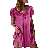 Ekouaer Women's Satin Nightgown Short Sleeve Sleepdress V-Neck Sleepwear Loose Silk Sleepshirt(Rose Red,Medium)