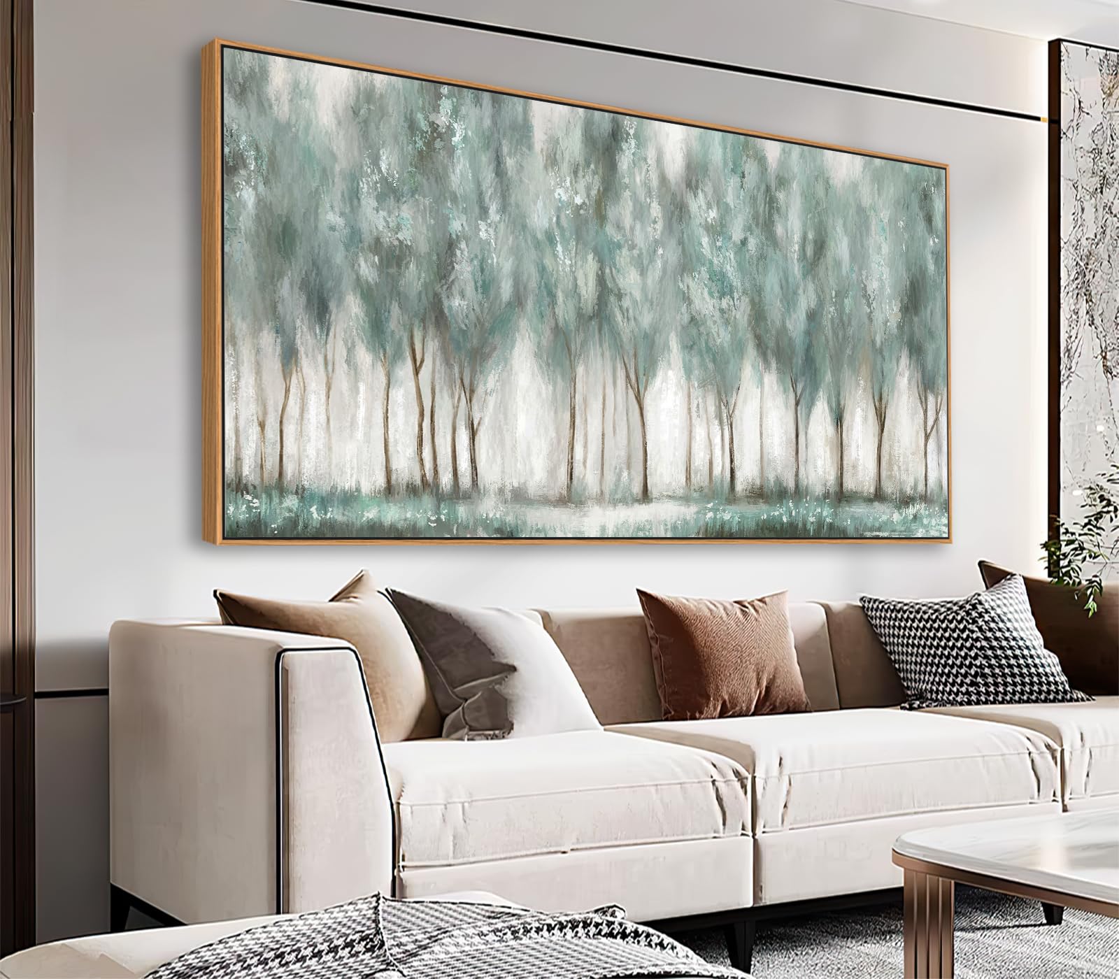 Photo 1 of NINEASO Abstract Forest Framed Wall Art - Grey Teal Foggy Trees Canvas Pictures Abstract Misty Woods Wall Decor Modern Botanical Painting Print Artwork Living Room Bedroom Home Decor 24" x 48" Natural