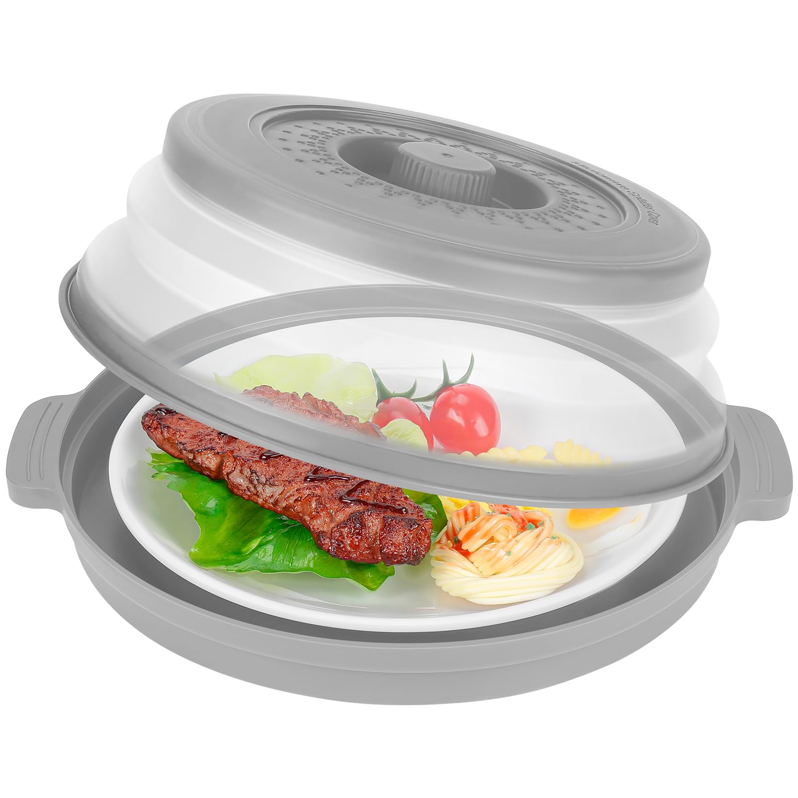 Photo 1 of 10.7 Inch Microwave Food Cover with Heat Insulation Mat, Anti-Scald Collapsible Microwave Splatter Cover, Multi-Functional as Colander & Fruit Plate, Dishwasher Safe, Ideal for Meal Prep (Gray)