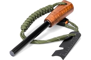 DONTRD Fire Starter Survival Tool - Handmade Wooden Handle 3/8"" Thick Ferro Rod with Striker and Umbrella Rope Waterproof Iron Rod Flint and Steel Fire Starter Kit