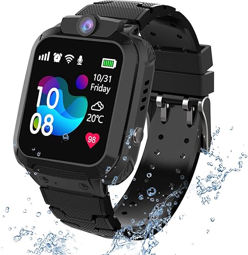 kids Smartwatch Phone per Bambini Impermeabile, Orologio Smart Phone LBS Anti-perso con Chat Vocale, Sveglia SOS per il Gioco di Matematica Studente Smart Watch, Regalo Ragazzo e Ragazza (Nero)